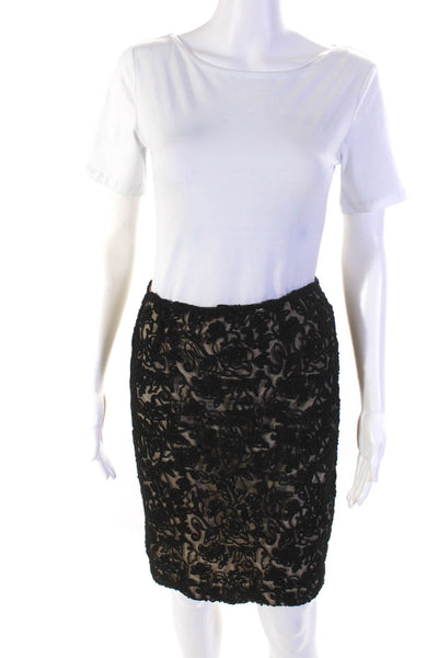 David Meister Womens Floral Embroidered Zippered Pencil Skirt Black Beige Size 6