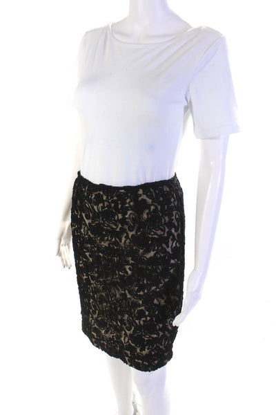 David Meister Womens Floral Embroidered Zippered Pencil Skirt Black Beige Size 6