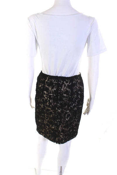 David Meister Womens Floral Embroidered Zippered Pencil Skirt Black Beige Size 6