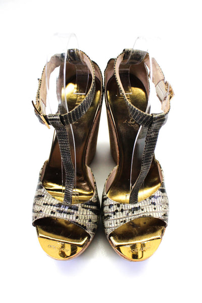 Jimmy Choo Womens Lizard Embossed Open Ankle Strap Platform Wedges Gold Size 9