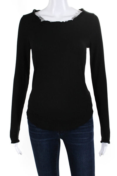 Chaser Womens Ribbed Textured Curled Round Neck Long Sleeve Top Black Size S