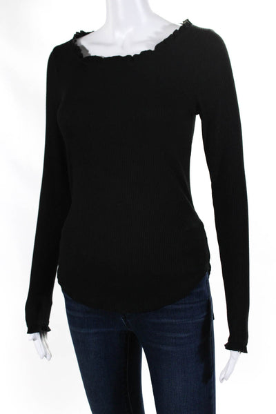 Chaser Womens Ribbed Textured Curled Round Neck Long Sleeve Top Black Size S