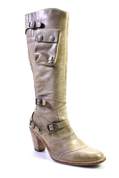 Belsraff Women's Leather Buckle Knee High Boots Beige Size 9