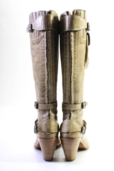 Belsraff Women's Leather Buckle Knee High Boots Beige Size 9