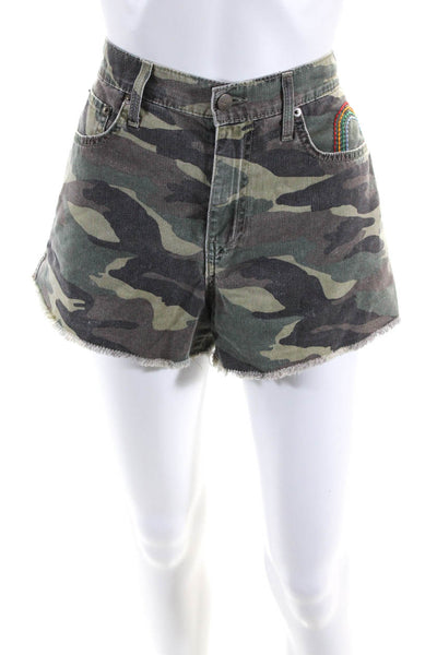 Sundry Womens Zipper Fly Fringe Rainbow Camouflage Shorts Green Brown Size 29