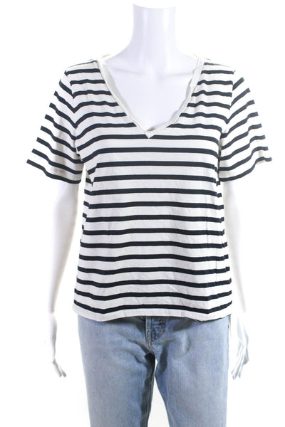 COS Womens Striped V Neck Tee Shirt White Black Cotton Size Small