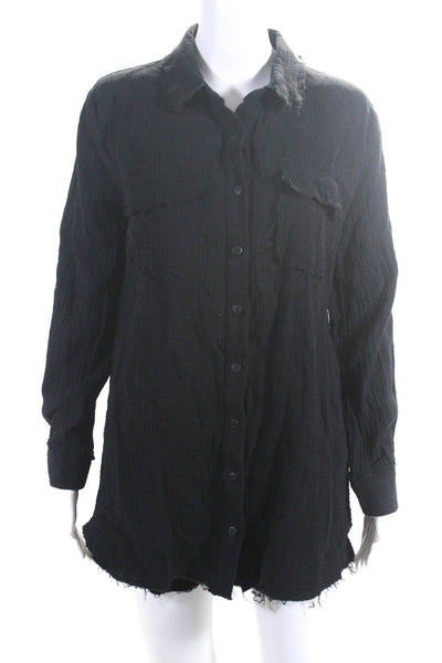 Renuar Womens Black Textured Cotton Button Down Shirt Short Set Size 40 34