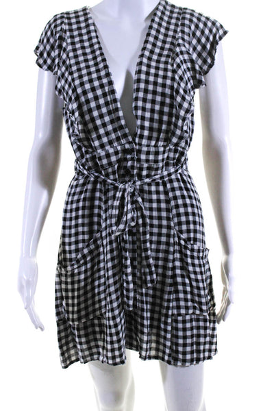 Lost + Wander Womens Button Front V Neck Gingham Mini Dress Black White Medium