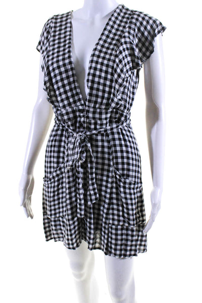 Lost + Wander Womens Button Front V Neck Gingham Mini Dress Black White Medium