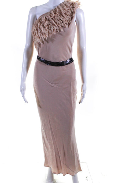 Robin Brouillette Womens Blush Silk Fringe Belted One Shoulder Gown Dress Size 4