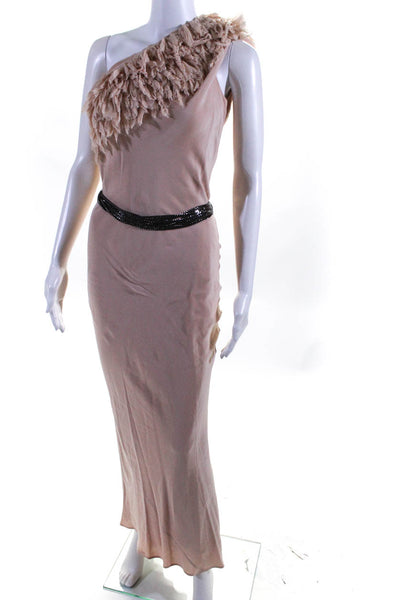 Robin Brouillette Womens Blush Silk Fringe Belted One Shoulder Gown Dress Size 4