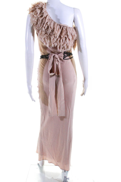 Robin Brouillette Womens Blush Silk Fringe Belted One Shoulder Gown Dress Size 4