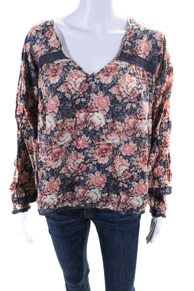 Current/Elliott Womens Red Floral Cotton Scoop Neck Long Sleeve Blouse Top Size2