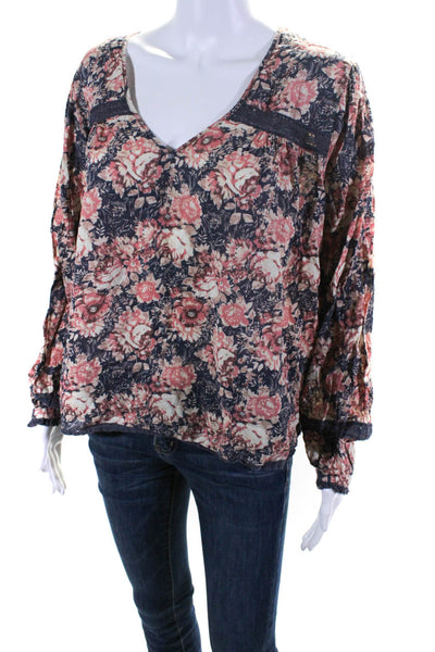 Current/Elliott Womens Red Floral Cotton Scoop Neck Long Sleeve Blouse Top Size2