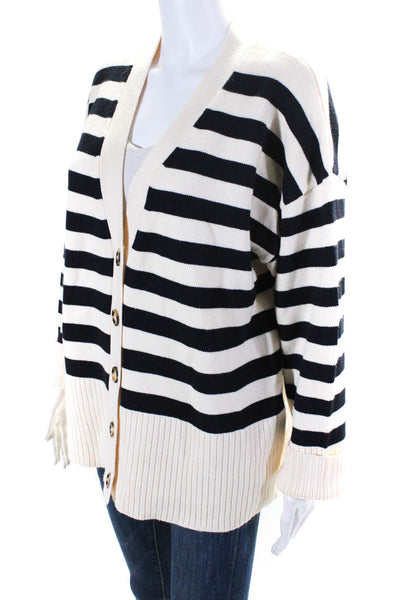 Zara Womens Button Front Oversized Striped Cardigan Sweater White Blue Medium