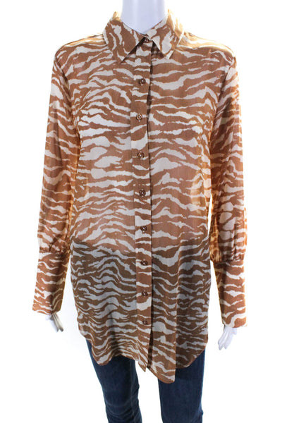 Camila Coelho Womens Button Front Collared Zebra Printed Shirt Brown Size XS