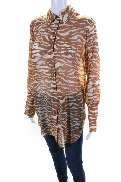 Camila Coelho Womens Button Front Collared Zebra Printed Shirt Brown Size XS