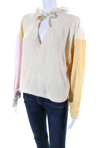 Electric & Rose Womens Tri Color V Neck Terry Hooded Shirt Yellow Pink Small