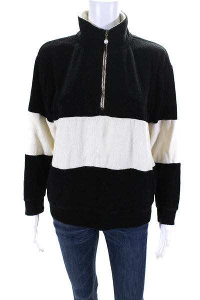 Donni Womens Quarter Zip Long Sleeve Terry Striped Sweater Black White Medium