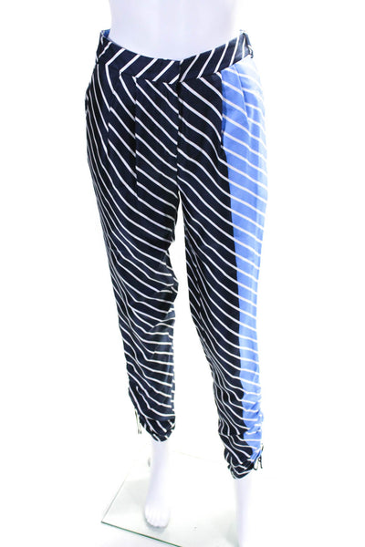 Tibi Womens High Rise Striped Tie Ankle Silk Pants Blue White Size 00
