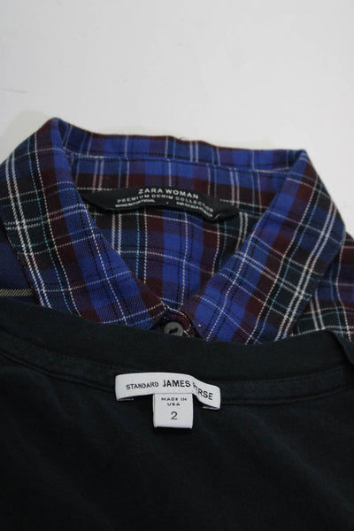 Standard James Perse Zara Womens Plaid Tee Shirts Blue Size 2 XS Lot 2