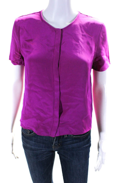 Jenni Kayne Womens Silk Crepe V-Neck Short Sleeve Blouse Top Pink Size S