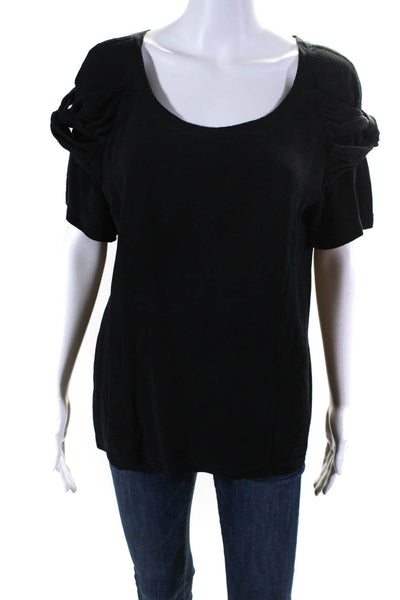 Lanvin Womens Silk Woven Round Neck Draped Short Sleeve Blouse Top Black Size 2