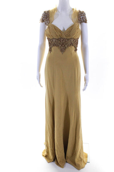 Rafael Cennamo Women's Sleeveless V Neck Embellished Long Gown Yellow Size 4