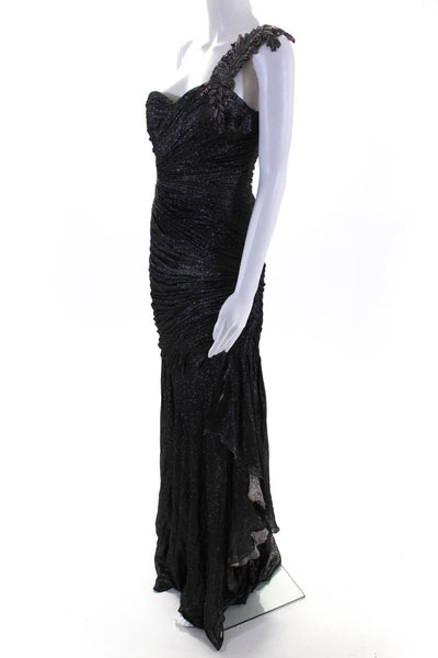 Rafael Cennamo Women's One Shoulder Tiered Silk Gown Silver Size 6