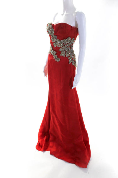 Rafael Cennamo Women's Strapless Embellished Long Gown Red Size 4