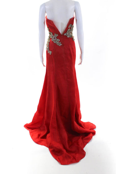 Rafael Cennamo Women's Strapless Embellished Long Gown Red Size 4