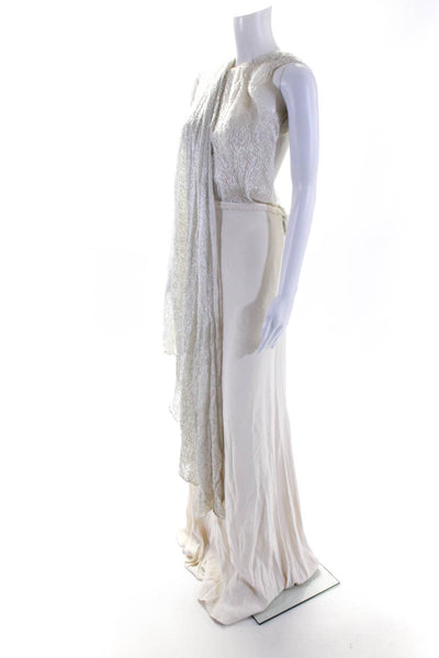Rafael Cennamo Women's Textured Open Back Draped Gown Ivory Size 4