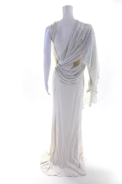 Rafael Cennamo Women's Textured Open Back Draped Gown Ivory Size 4