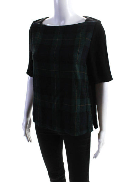 Tibi Womens Short Sleeve Plaid Square Neck Top Shirt Black Green Size Small