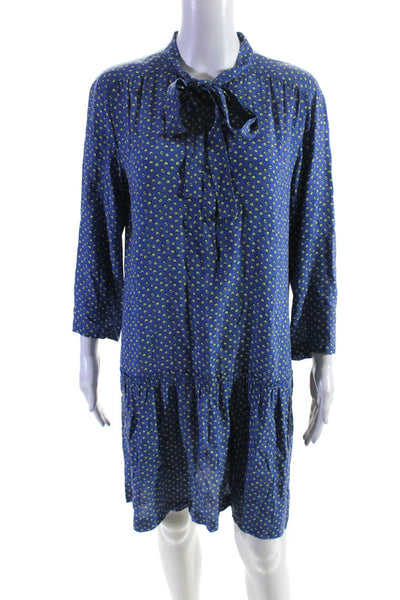 iBlues Womens Blue Printed Tie Neck Henley Long Sleeve Tiered Dress Size 8