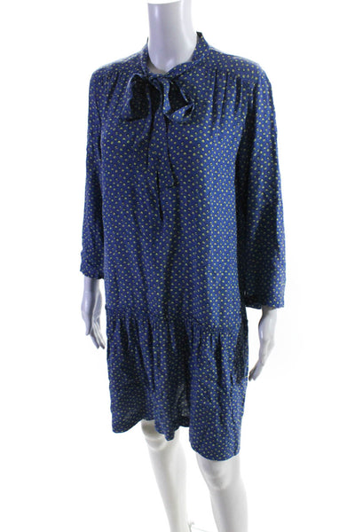 iBlues Womens Blue Printed Tie Neck Henley Long Sleeve Tiered Dress Size 8