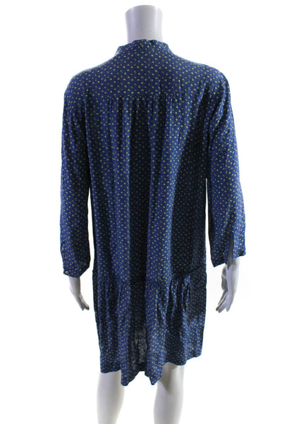 iBlues Womens Blue Printed Tie Neck Henley Long Sleeve Tiered Dress Size 8