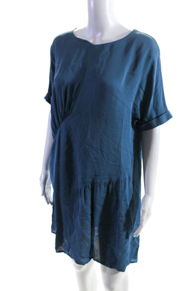 Intropia Womens Blue Drape Detail Crew Neck Short Sleeve Shift Dress Size 36