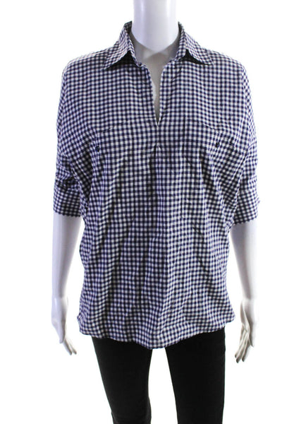 Adolfo Dominguez Womens Purple Checker Collar Long Sleeve Blouse Top Size 38