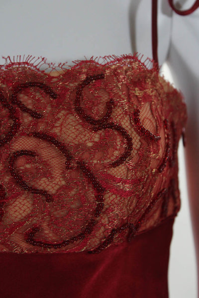 Rafael Cennamo Womens Spaghetti Strap Lace Beaded Trim Silk Dress Red Size 2