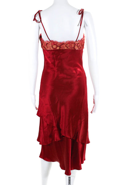 Rafael Cennamo Womens Spaghetti Strap Lace Beaded Trim Silk Dress Red Size 2
