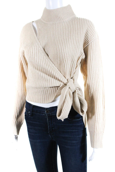 ASTR Women's Mock Neck Cutout Long Sleeve Wrap Sweater Beige Size S