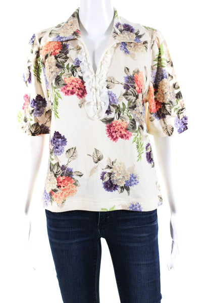 Escada Women's Collar Short Sleeves Lace Trim Floral Blouse Size 42