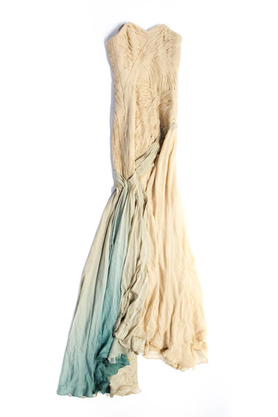 Rafael Cennamo Women's Textured Strapless Gown Blue Beige Size 4