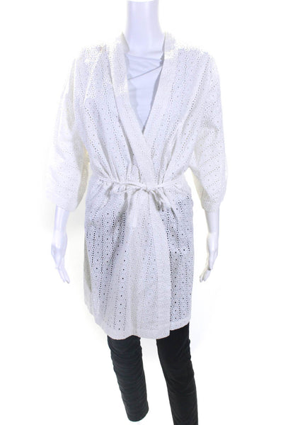 Designer Womens Half Sleeve Tie Front Eyelet Kimono White Cotton One Size