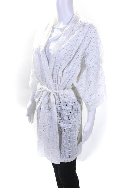 Designer Womens Half Sleeve Tie Front Eyelet Kimono White Cotton One Size