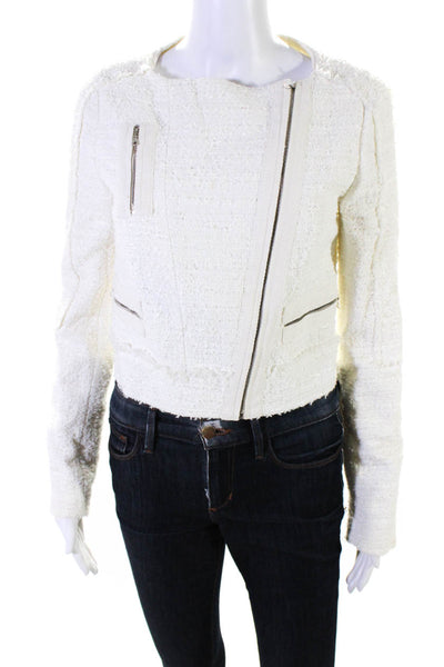 J Brand Womens White Textured Crew Neck Full Zip Long Sleeve Jacket Size 2