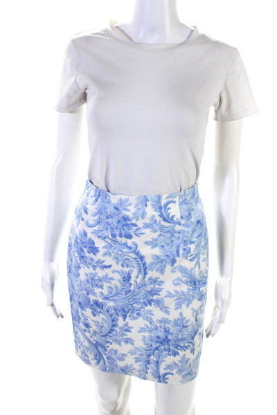 Leggiadro Womens Cotton Damask Print Back Zip A-Line Skirt Blue White Size 4