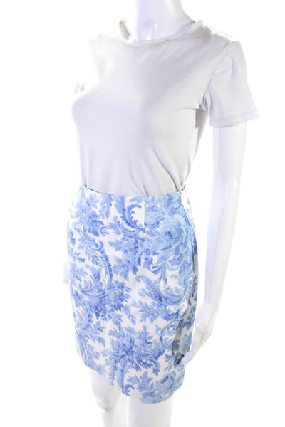 Leggiadro Womens Cotton Damask Print Back Zip A-Line Skirt Blue White Size 4