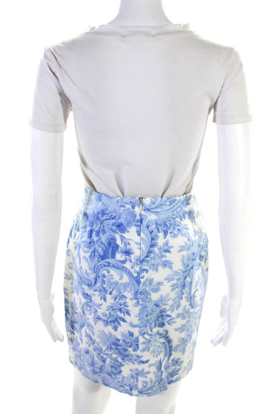 Leggiadro Womens Cotton Damask Print Back Zip A-Line Skirt Blue White Size 4